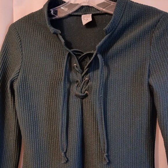 New Lace Up Henley T-shirt Top XS Dark Green Bullet texture fabric Cable knit LS - Picture 3 of 11